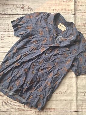 Pyknic Blue Short Sleeve Men’s Button-Up Shirt with Orange Print Size Medium